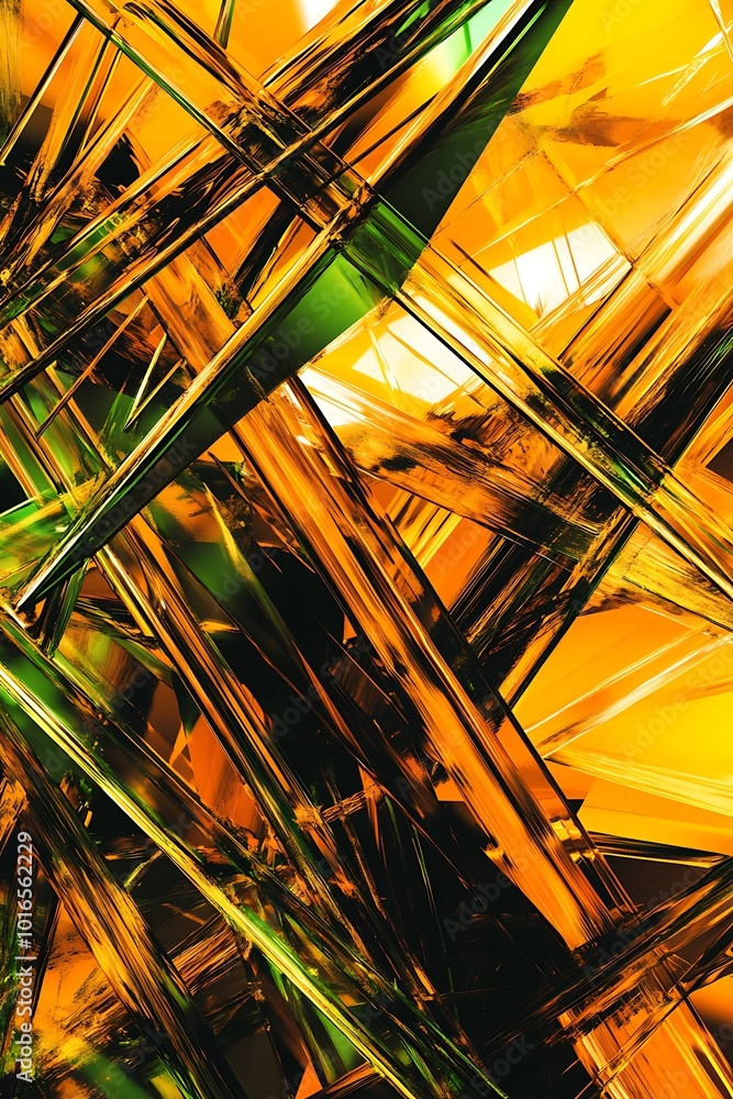 Poster eye-catching abstract geometric background in shades of green and orange, showcasing dynamic diagona