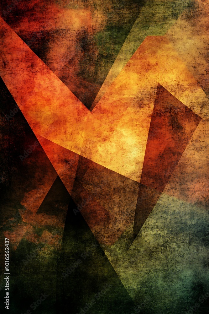 Poster eye-catching abstract geometric background in shades of green and orange, showcasing dynamic diagona