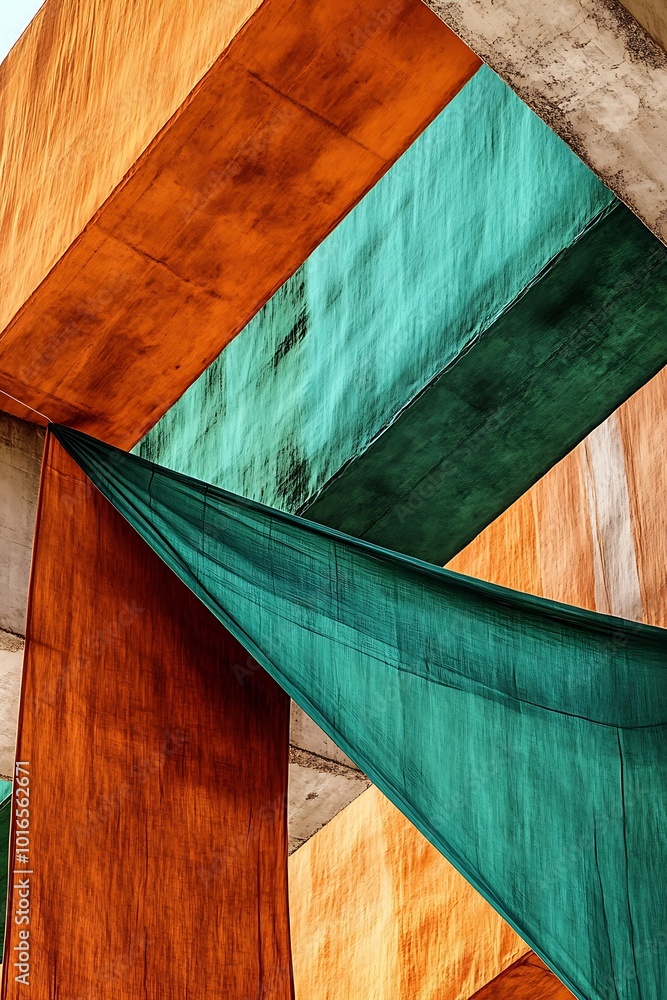Poster abstract background with diagonal geometric shapes in green and orange hues, creating a lively and e