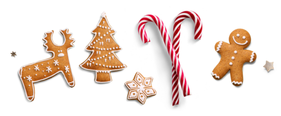 Christmas design element on transparent background with transparent shadow. Isolated Christmas sweet Candy Cane and gingerbread ginger men. Flat lay, top view