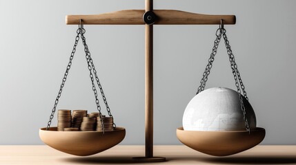 A wooden balance scale with one side holding stacks of coins and the other holding a globe, symbolizing the balance between money and global considerations.