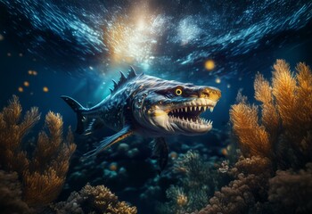 A large shark with sharp teeth swims through dark blue water, sunlight reflecting off its body and the surrounding coral.