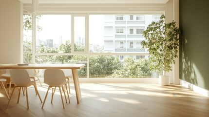 Fototapeta premium Bright and Airy Open-Plan Office with Green Walls and Floor-to-Ceiling Windows