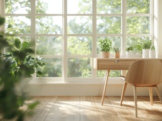 Fototapeta premium Serene Indoor Workspace with Lush Plants and Eco-Friendly Wooden Accents