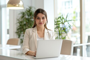 Young woman works at modern office desk with laptop. Pro receptionist sits in light-filled room. Business woman uses computer in contemporary office space.
