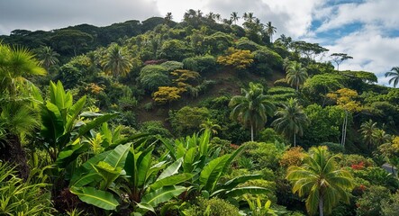 Fototapeta premium Lush hillside covered in tropical plants and trees