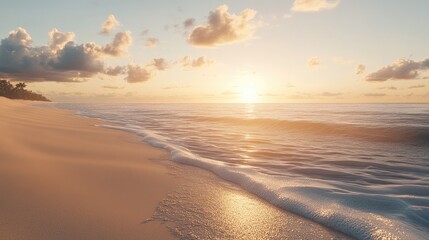 A calm beach scene at sunset, with soft golden sand and gentle waves under a stunning sky, perfect for travel and relaxation themes