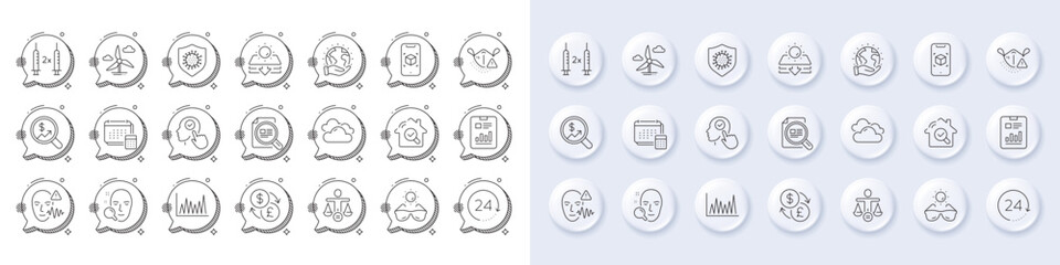 Save planet, Augmented reality and Report document line icons. White pin 3d buttons, chat bubbles icons. Pack of Currency exchange, Inspect, Windmill turbine icon. Vector