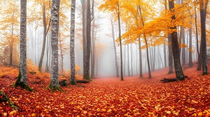 A misty forest in autumn, with golden and red leaves covering the ground.


