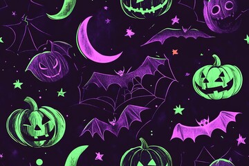 Halloween pumpkins, spider webs, and bats in a neon green, purple, and black background
