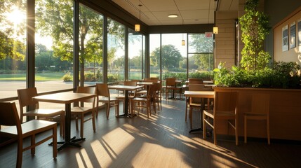 Fototapeta premium Eco-Friendly Cafeteria: Sustainable Wooden Furniture and Indoor Greenery