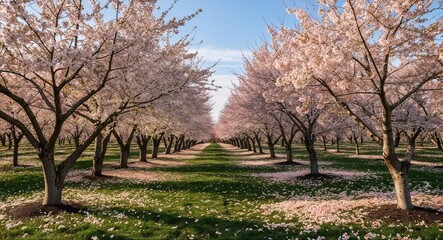 Orchard with blooming cherry trees and fallen petals