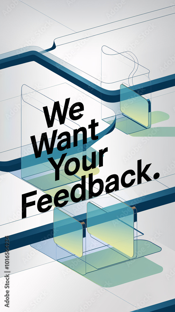 Poster abstract glass-like shapes in green and blue tones with bold text 