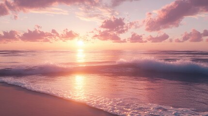 Fototapeta premium A serene sunset beach scene with calm waves gently touching the golden sand, and the sky glowing in shades of pink and orange, ideal for vacation imagery