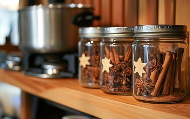 A cozy kitchen shelf displaying glass jars filled with various spices, alongside a pot, emphasizing culinary preparation.