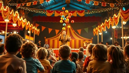 Children watching a show inside a decorated and lit circus tent, seen from behind.
