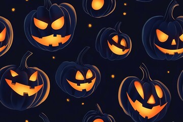 Naklejka premium Halloween glowing jack-o'-lantern faces on a black background, a seamless pattern in a cartoon style