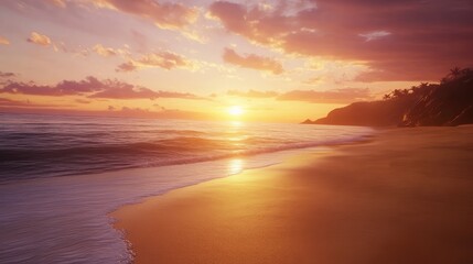 Obraz premium A stunning beach at sunset, with golden sand and calm waves, the horizon glowing with rich oranges and pinks, ideal for vacation imagery