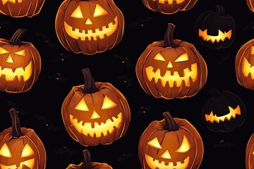 Halloween glowing jack-o'-lantern faces on a black background, a seamless pattern in a cartoon style