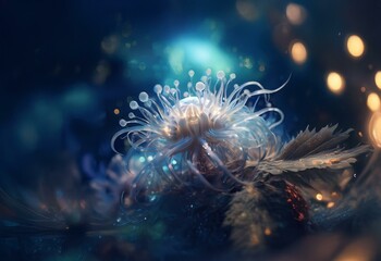 Obraz premium A luminous, translucent flower with delicate tendrils blooms in a dark, ethereal setting.