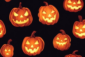 Halloween glowing jack-o'-lantern faces on a black background, a seamless pattern in a cartoon style