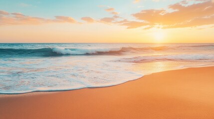 Fototapeta premium A stunning beach at sunset, with soft waves rolling onto golden sand, and the sky painted in warm oranges and pinks, perfect for vacation photos