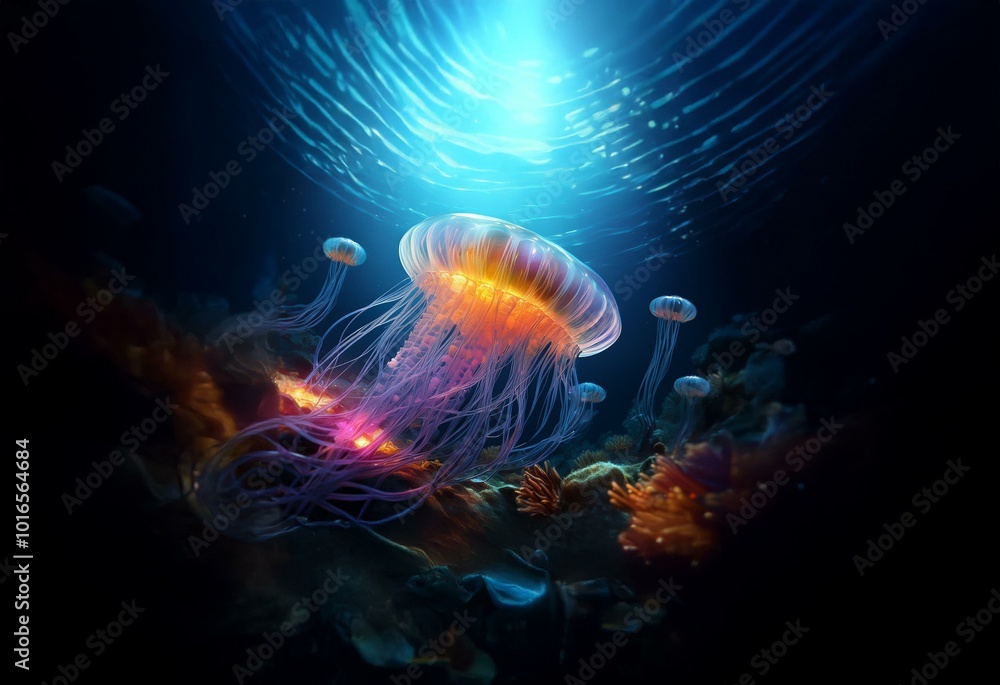 Poster a group of glowing jellyfish with long tentacles drift in the dark ocean water. light beams down fro