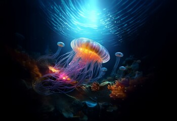Fototapeta premium A group of glowing jellyfish with long tentacles drift in the dark ocean water. Light beams down from above.