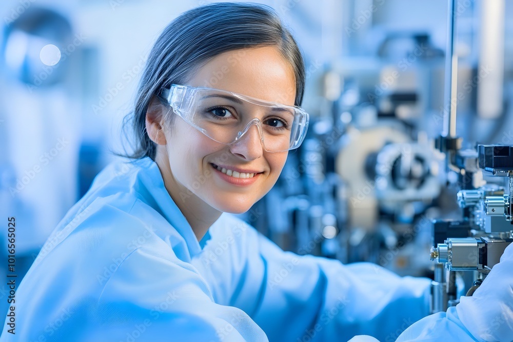 Poster close-up portrait of a confident and proud semiconductor industry worker showcasing an advanced high