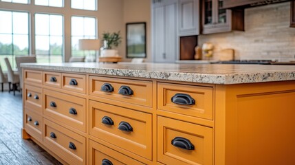 A warm and inviting muted yellow kitchen island with a marble countertop showcases vibrant cabinets and natural stone textures
