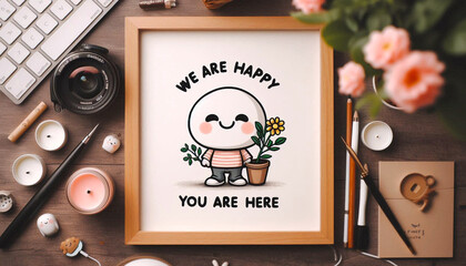 lettering sign "We are happy you are here" for Welcome, glad, Business, office related concept