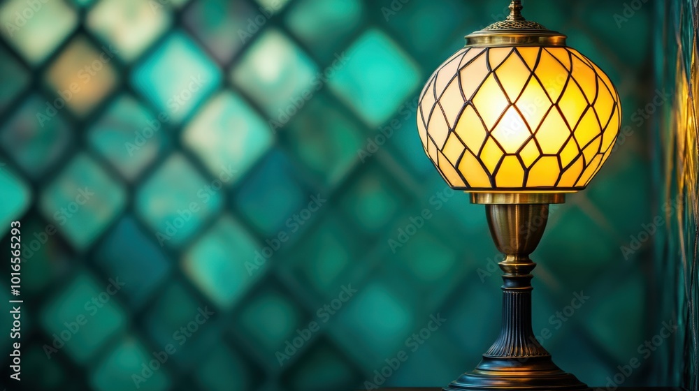 Poster art deco brass lamp with geometric patterns and emerald green background creating a luxurious ambian