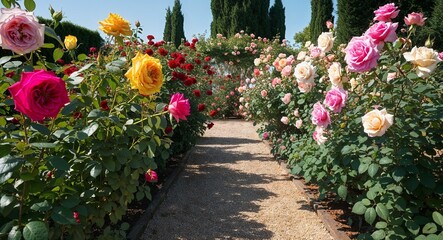 Obraz premium Rose garden with colorful roses in full bloom