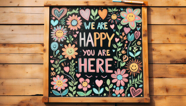 lettering sign "We are happy you are here" for Welcome, glad, Business, office related concept