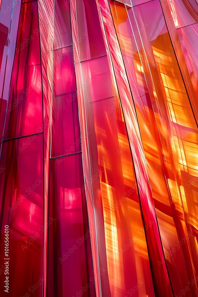 Poster dynamic abstract geometric design with diagonal shapes in pink and red tones, offering a bold and co