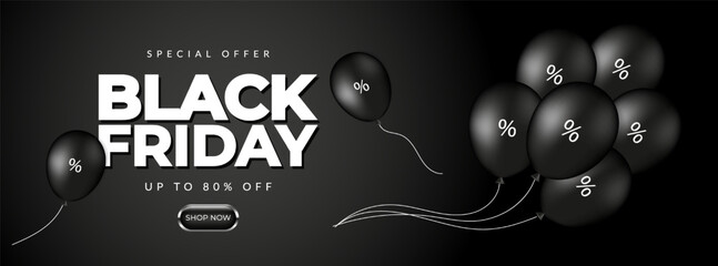 Black Friday banner with black baloon. Design template for shopping sale, promo poster, web and social media. Vector illustration