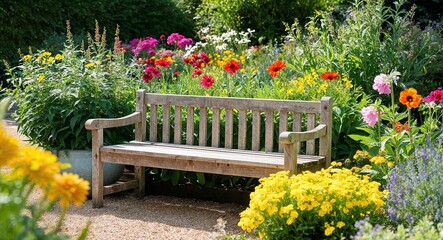Sunny garden with vibrant flowers and a rustic wooden bench