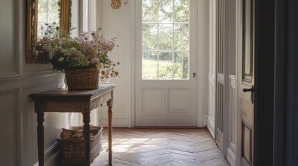 Charming entryway featuring herringbone wood floors, ornate gilt mirror, distressed console table, and fresh wildflowers bathed in natural light. Inviting and stylish atmosphere.