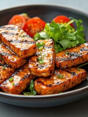 Tempting Tempeh Delight - Hyper-realistic Image of Marinated Grilled Tempeh Slices Served on a Plate