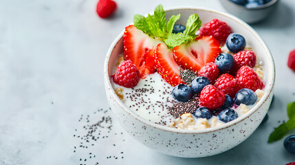 Diet breakfast bowl with creamy oatmeal topped with blueberries raspberries strawberries and chia seeds
