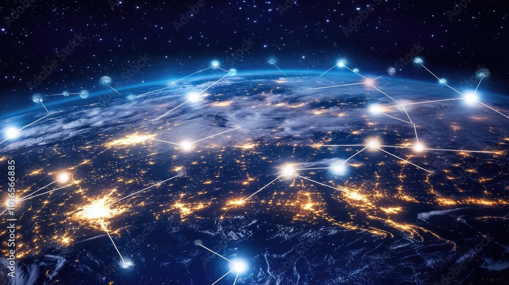 Poster world map showing global technology connections and network links