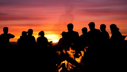Fototapeta premium A sunset beach scene features a bonfire and blurred figures socializing, creating a warm ambiance.
