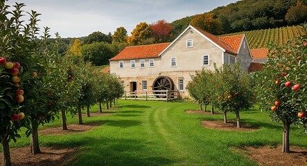 Fototapeta premium Traditional cider mill surrounded by apple orchards