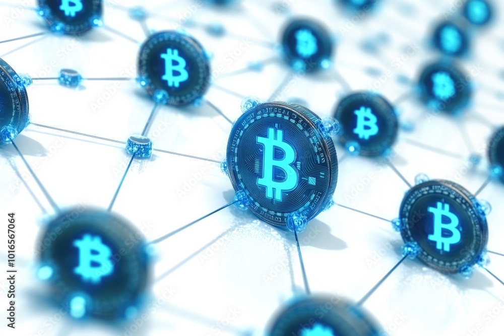 Aufkleber group of interconnected bitcoin coins on a dark background.