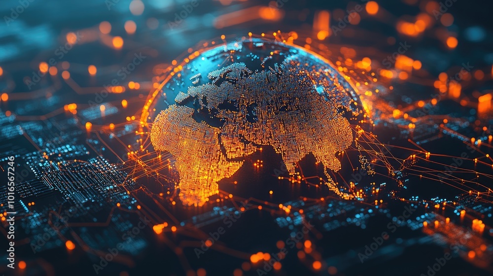 Poster world map showing global technology connections and network links
