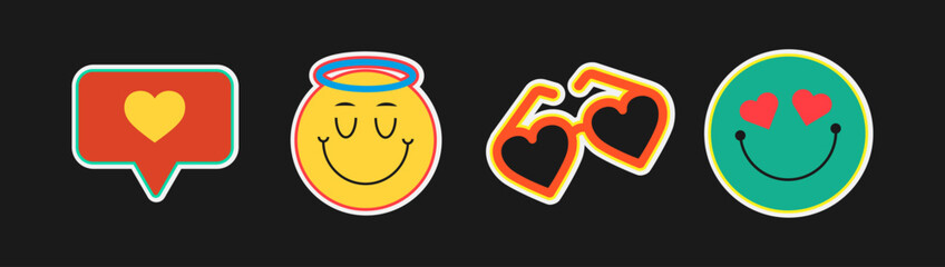 Cute Emoji Set with Heart Icons and Happy Faces in Pop Art Style

