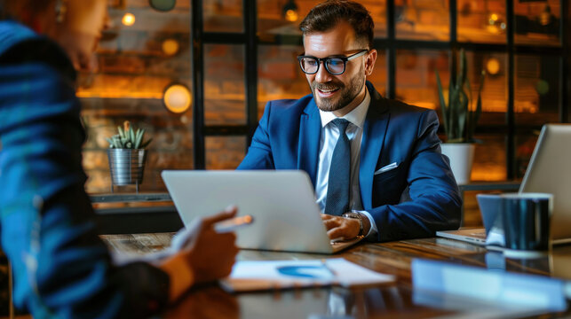 A small business owner consulting with a bank on loans, payroll management, and cash flow optimization tailored to small businesses.