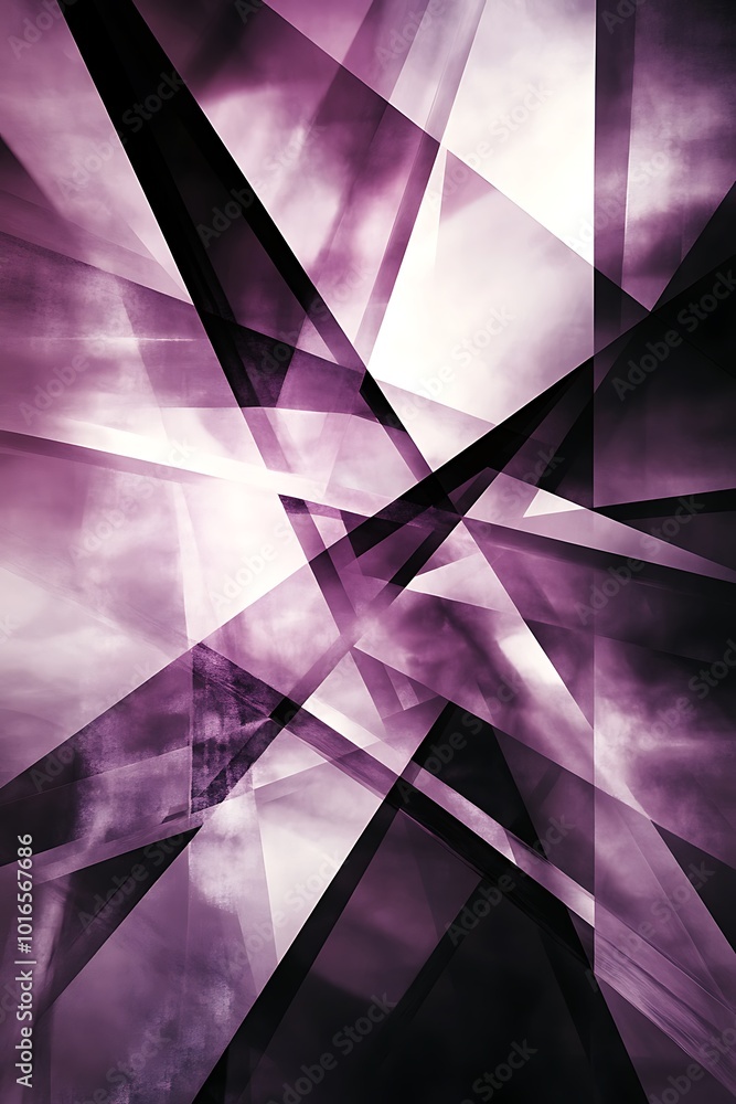 Poster an intricate abstract composition of geometric shapes in rich purple and deep black, creating a visu
