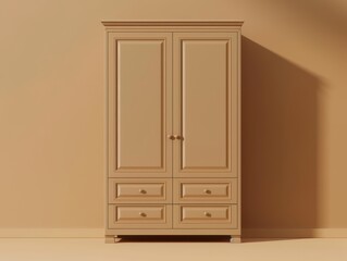 Classic Wooden Wardrobe: A timeless and elegant wooden wardrobe with four drawers, standing against a soft orange wall. The wardrobe features intricate details and delicate hardware.