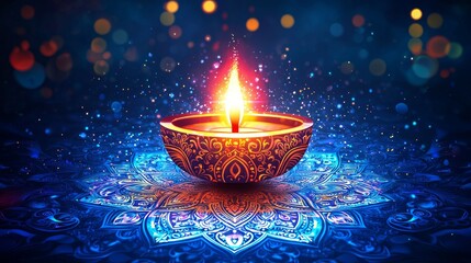 Traditional decorative oil lamp glowing with bright flame on colorful pattern